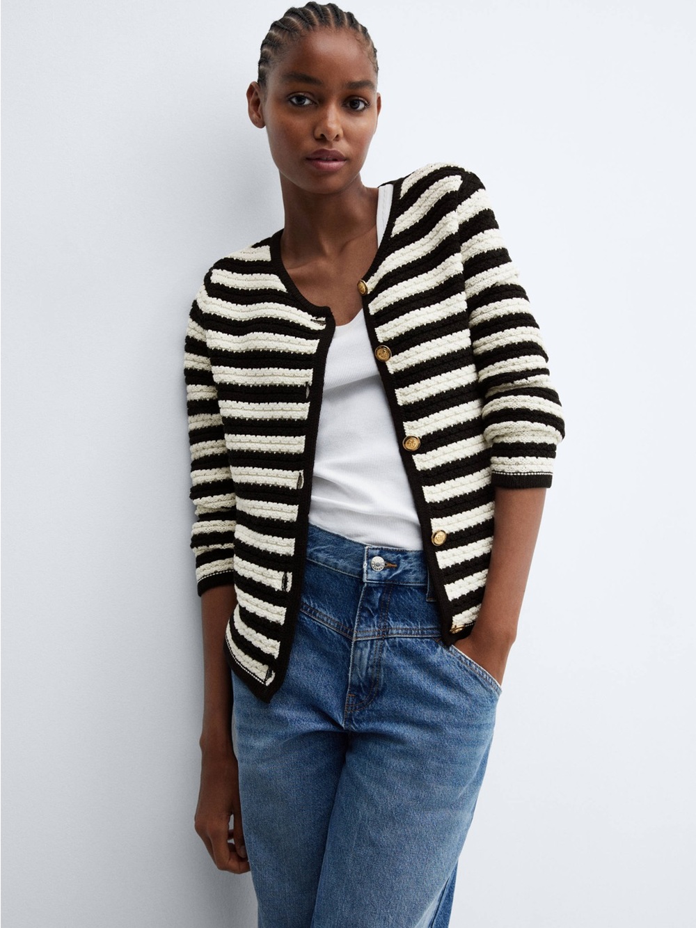 Mango Women’s Black & White Striped Gold Tone Button Down Cardigan Size Medium